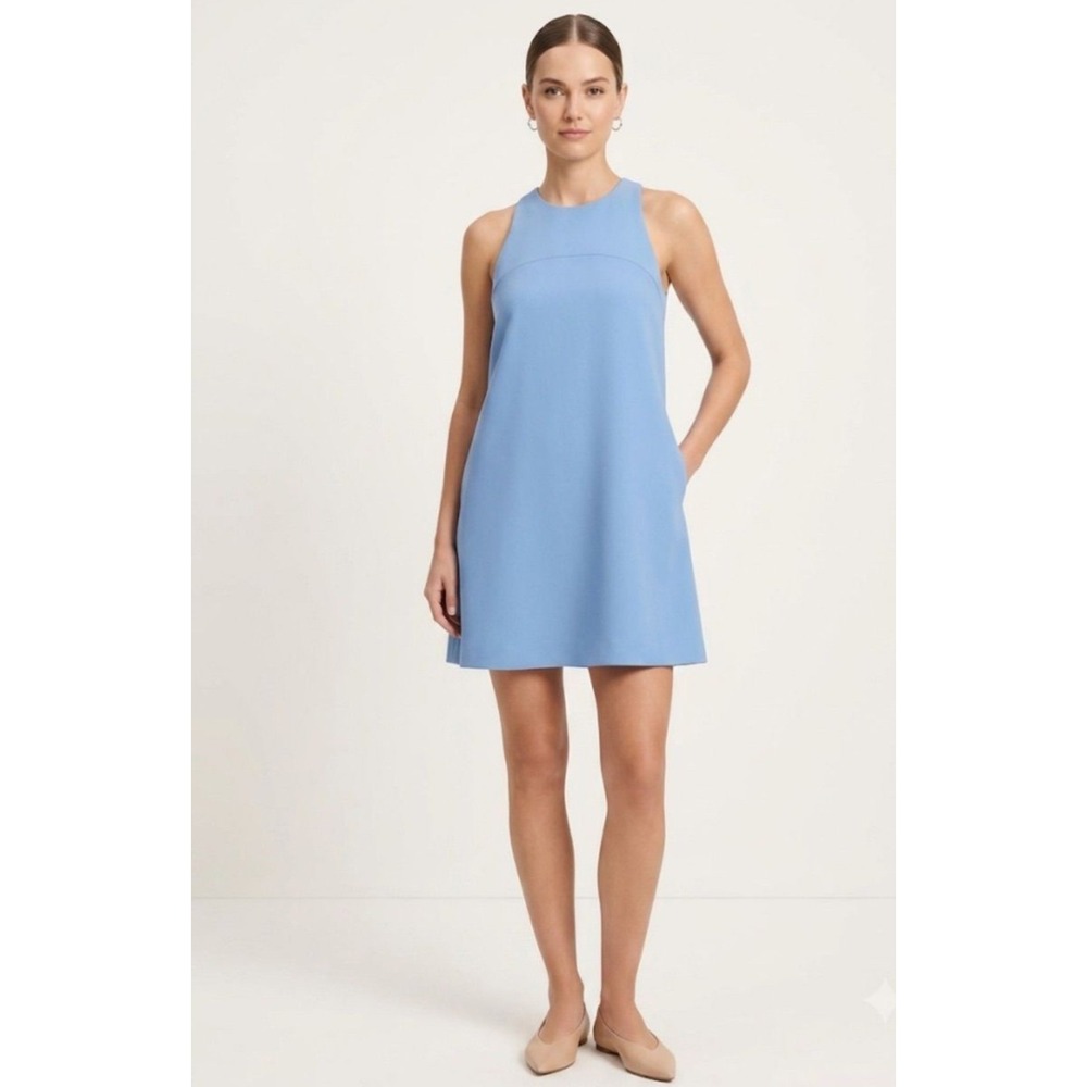 Milly Blue High Neck Cutout Back Shift Dress Pockets Minimalist Quiet Luxury‎ 0
